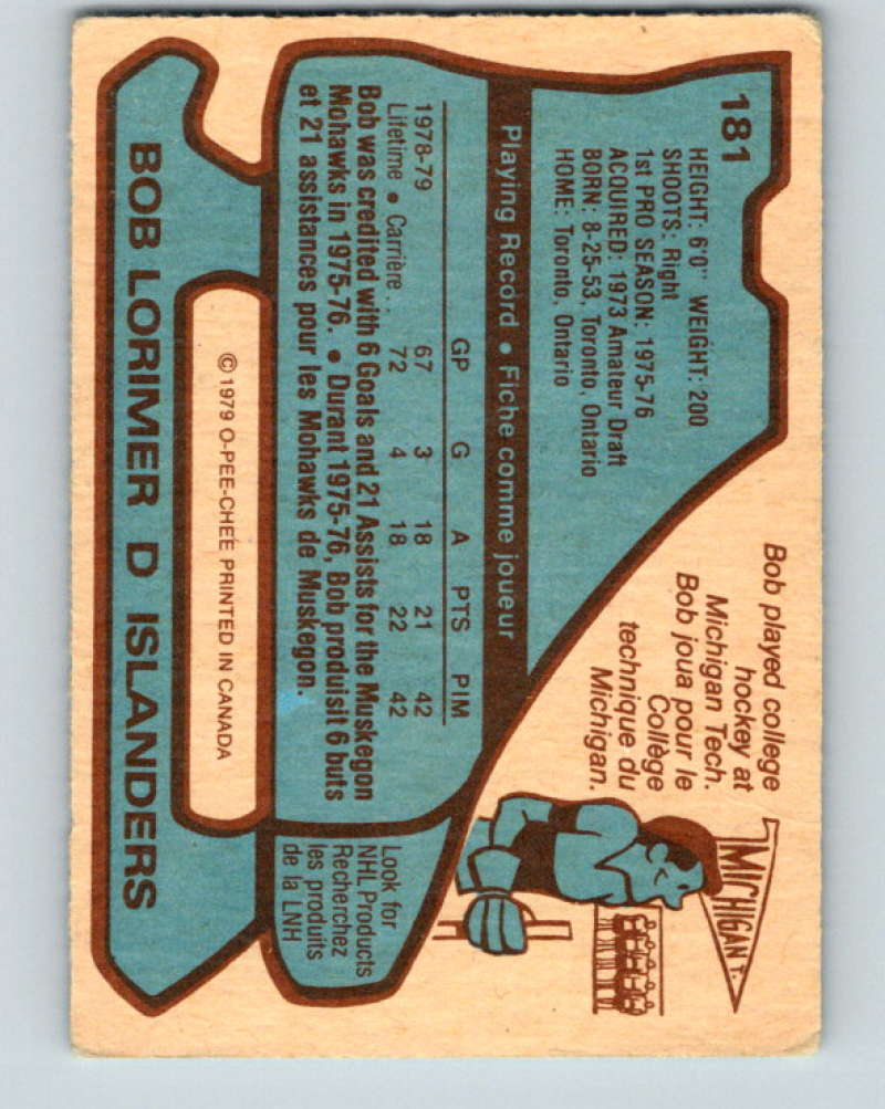 1979-80 O-Pee-Chee #181 Bob Lorimer NHL RC Rookie NY Islanders 10360