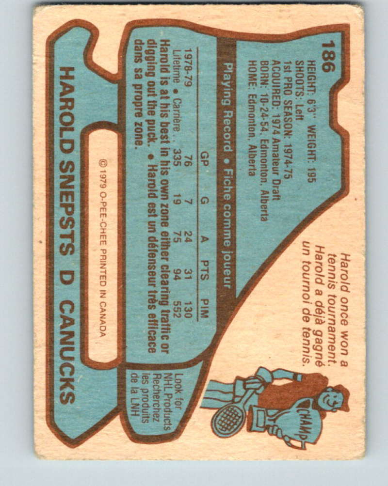 1979-80 O-Pee-Chee #186 Harold Snepsts NHL Canucks 10369