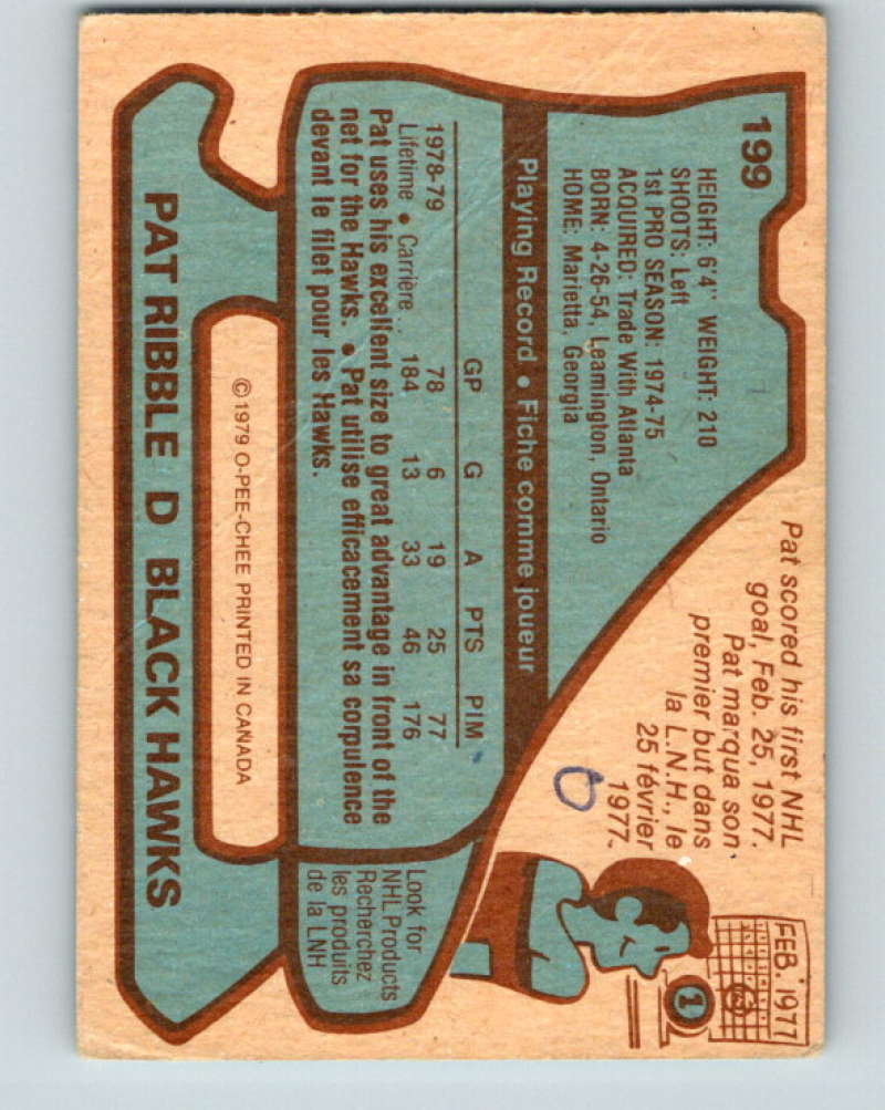 1979-80 O-Pee-Chee #199 Pat Ribble NHL RC Rookie Blackhawks 10386