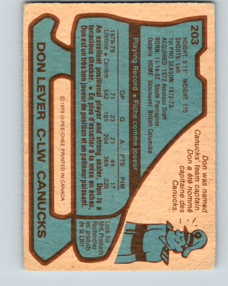 1979-80 O-Pee-Chee #203 Don Lever NHL Canucks 10392
