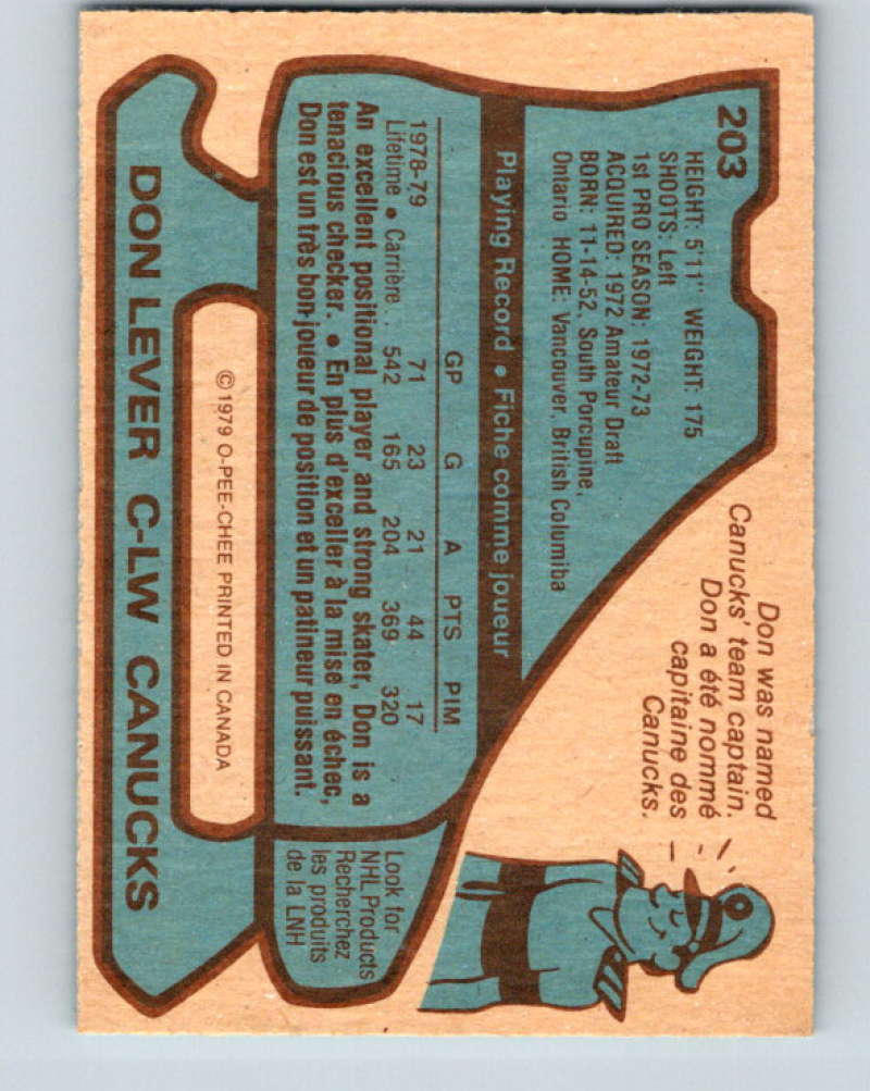 1979-80 O-Pee-Chee #203 Don Lever NHL Canucks 10393