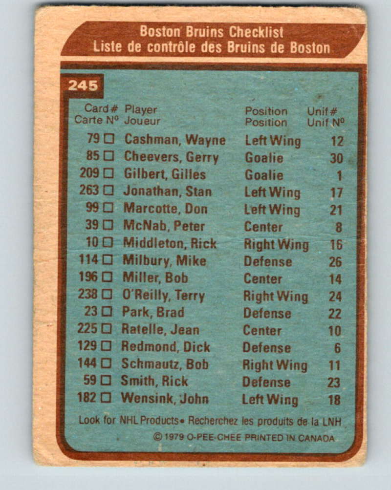 1979-80 O-Pee-Chee #245 Boston Bruins NHL Bruins CL 10451