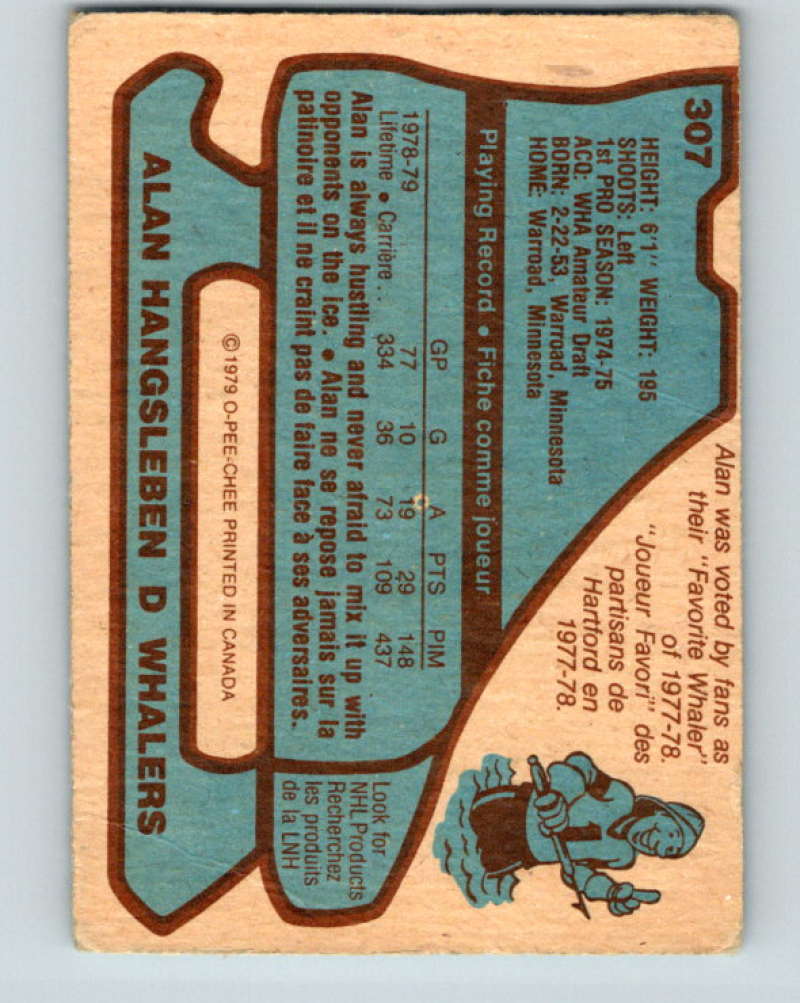 1979-80 O-Pee-Chee #307 Alan Hangsleben RC Rookie Whalers 10534