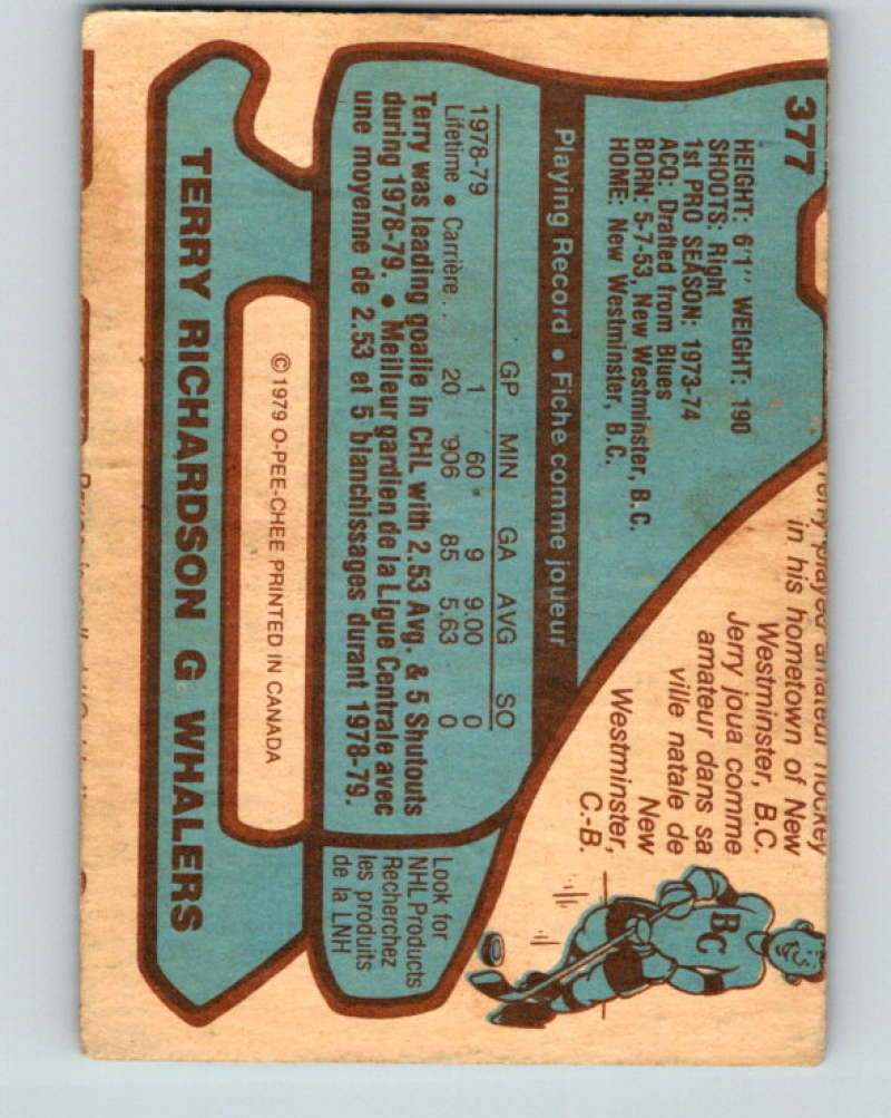1979-80 O-Pee-Chee #377 Terry Richardson NHL RC Rookie Whalers 10639