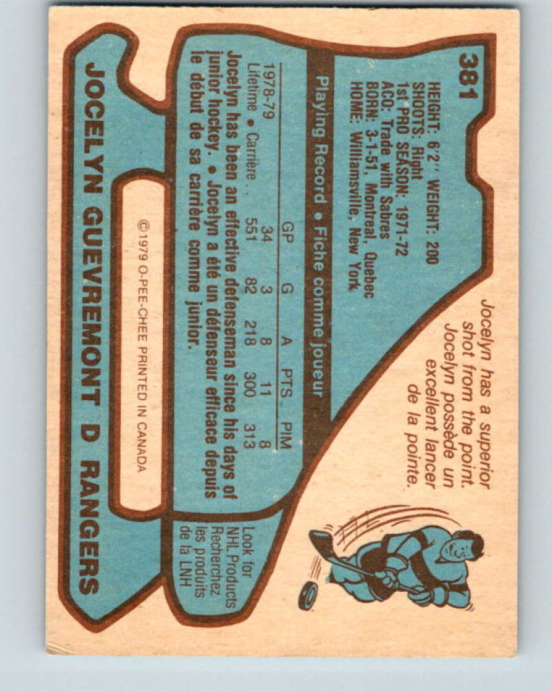 1979-80 O-Pee-Chee #381 Jocelyn Guevremont NHL NY Rangers 10646