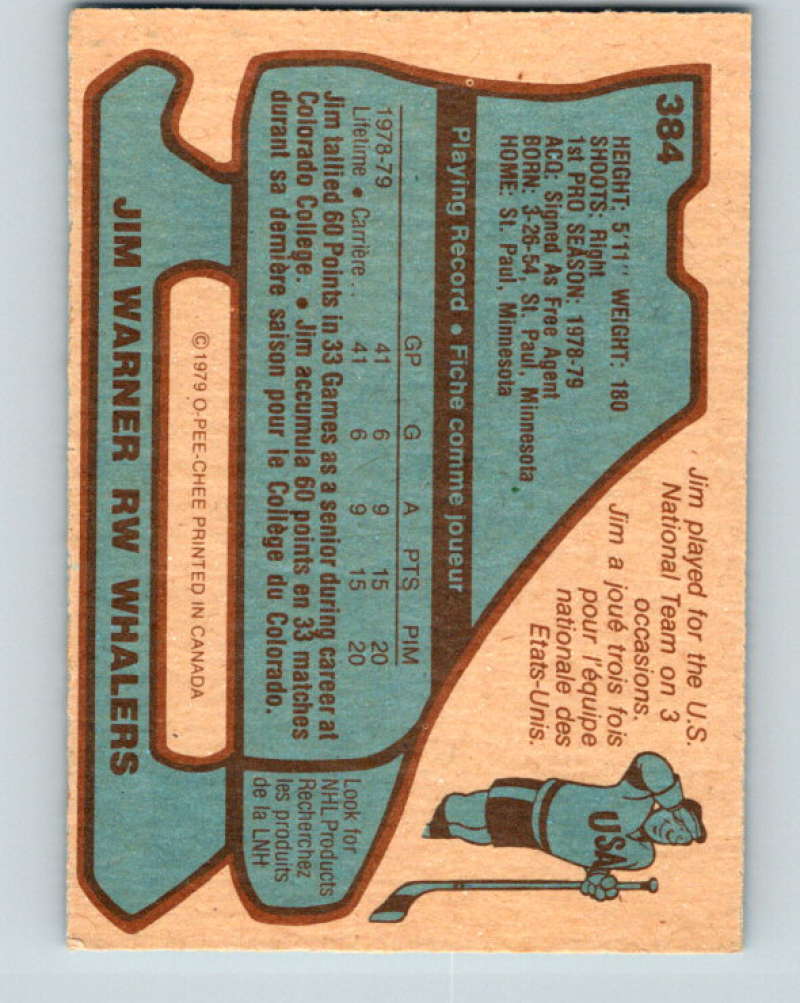1979-80 O-Pee-Chee #384 Jim Warner NHL RC Rookie Whalers 10651