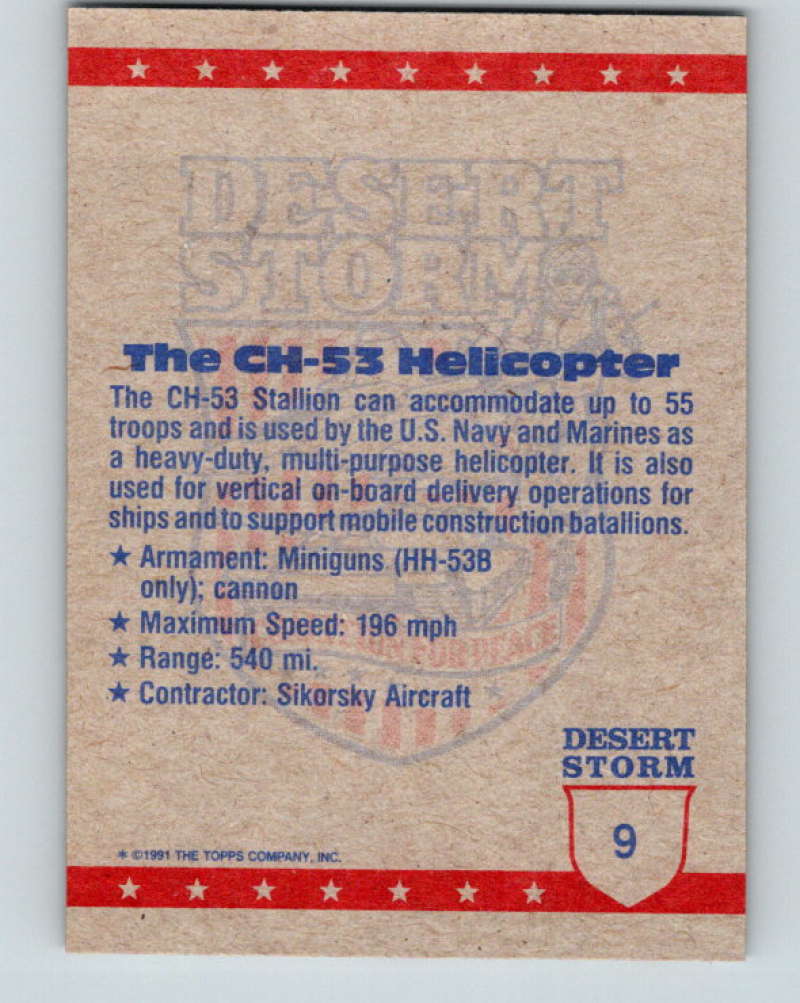 1991 Topps Desert Storm #9 CH-53 Helicopter Mint Image 2