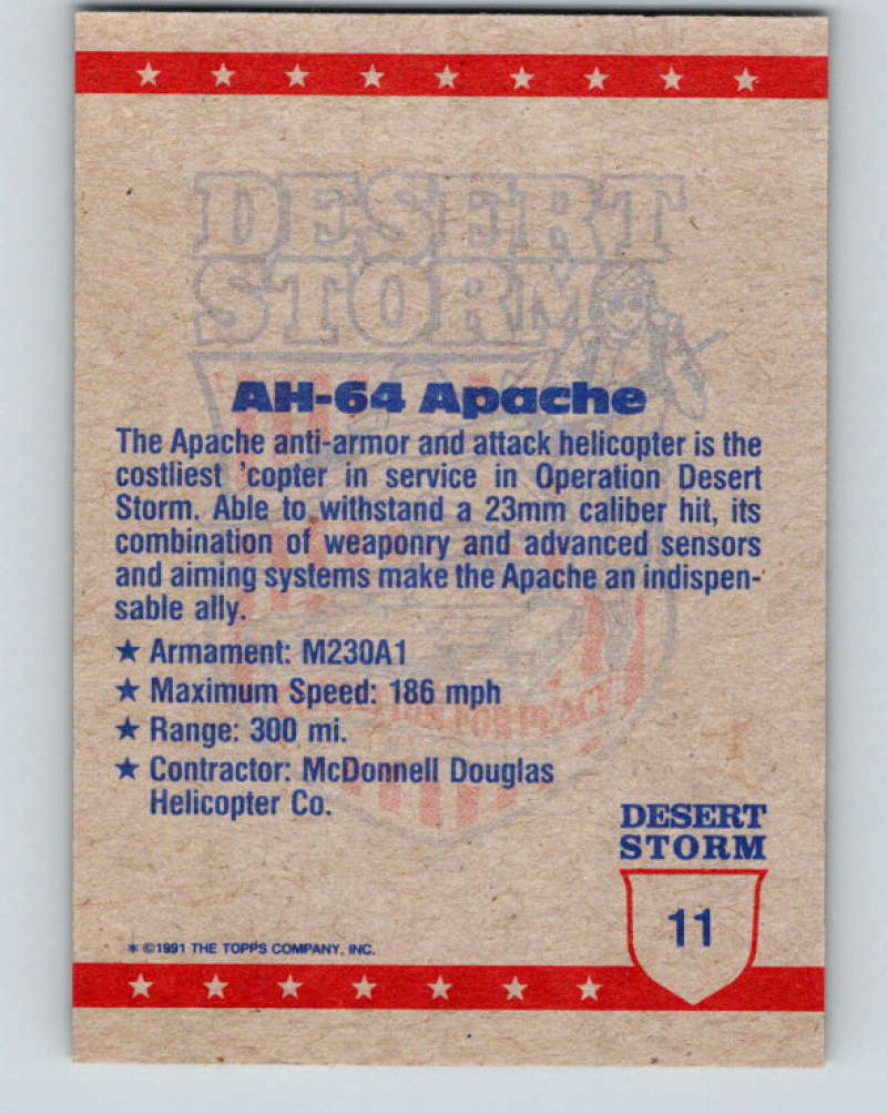 1991 Topps Desert Storm #11 AH-64 Apache Mint Image 2
