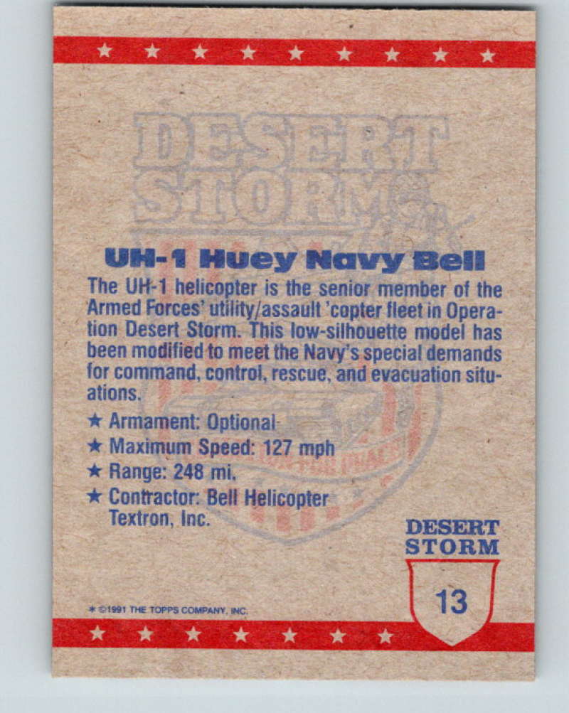 1991 Topps Desert Storm #13 UH-1 Huey Navy Bell Mint Image 2