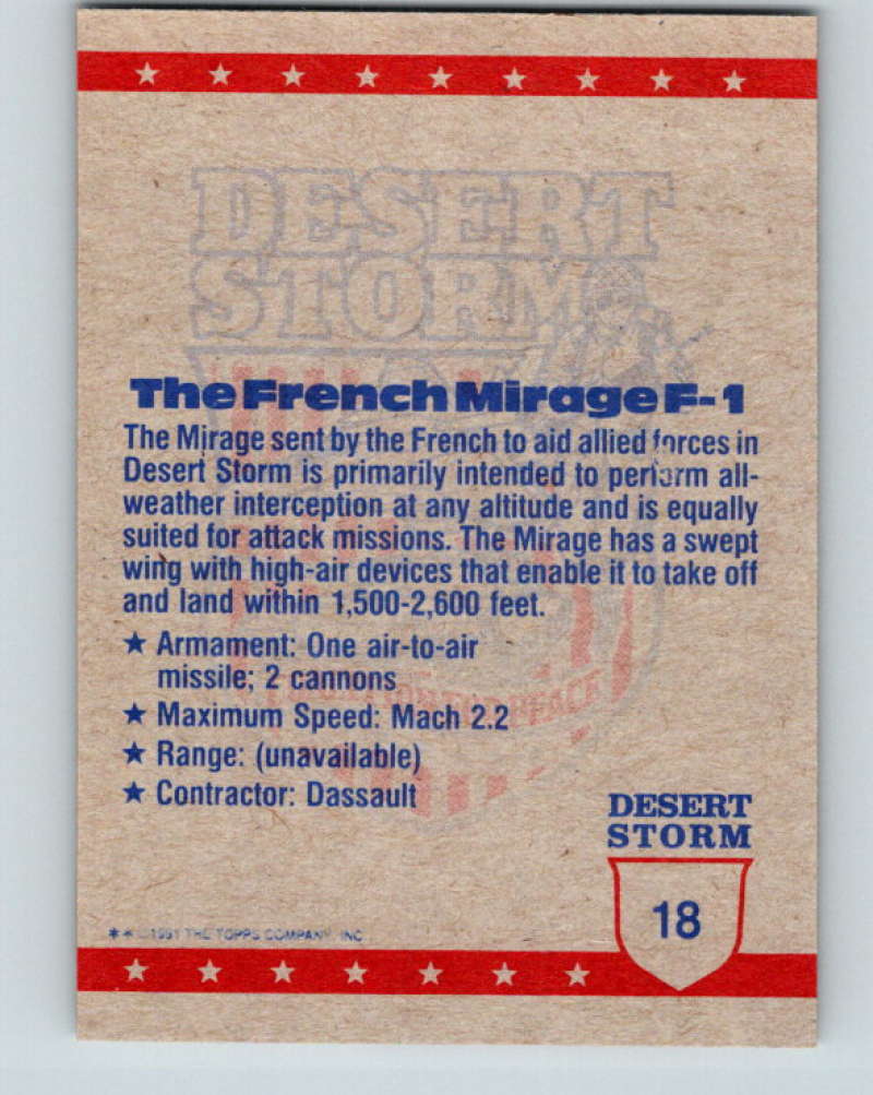 1991 Topps Desert Storm #18 French Mirage Fighter Mint Image 2