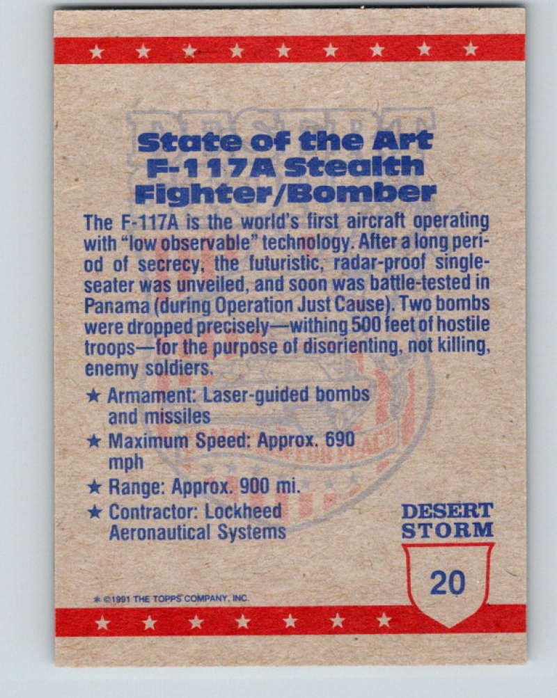 1991 Topps Desert Storm #20 State of the Art Stealth Fighter Bomber Mint Image 2