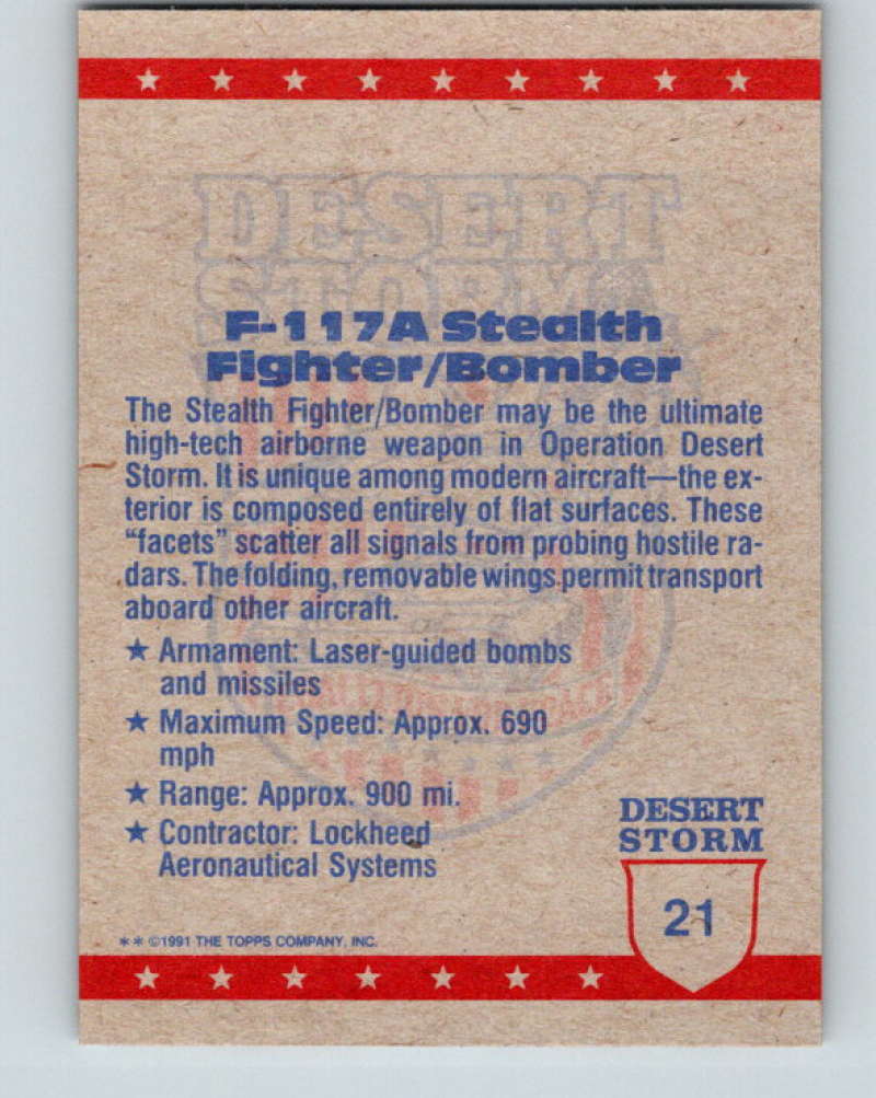 1991 Topps Desert Storm #21 F-117A Stealth Mint Image 2