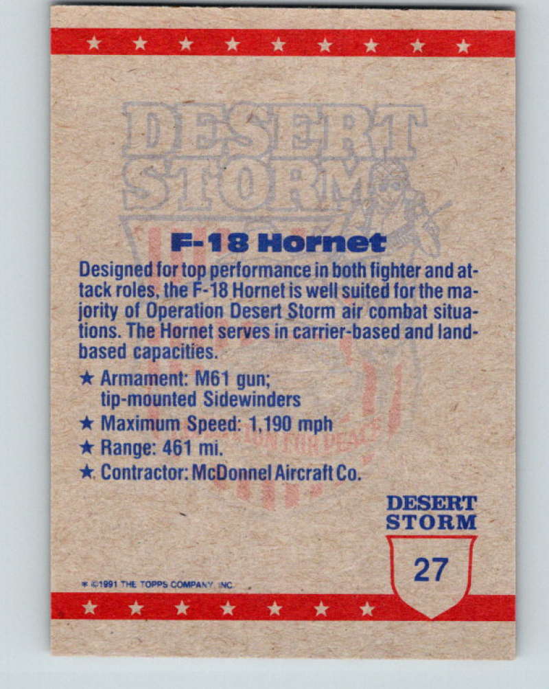 1991 Topps Desert Storm #27 Flying High - The F-18 Mint Image 2