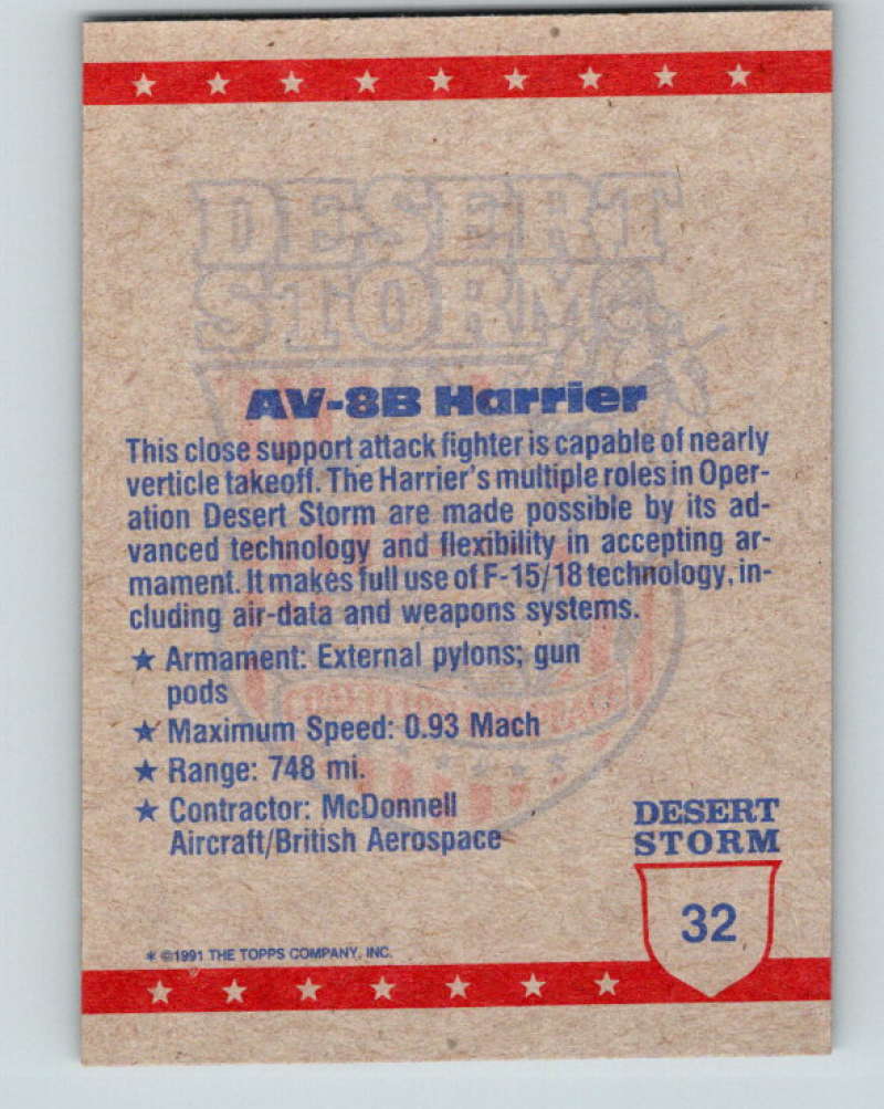 1991 Topps Desert Storm #32 The Amazing AV-8B Harrier Mint Image 2