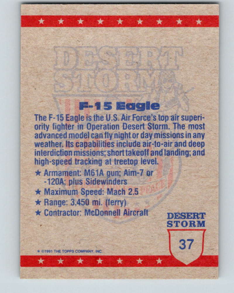1991 Topps Desert Storm #37 F-15 Fighter Plane Mint Image 2