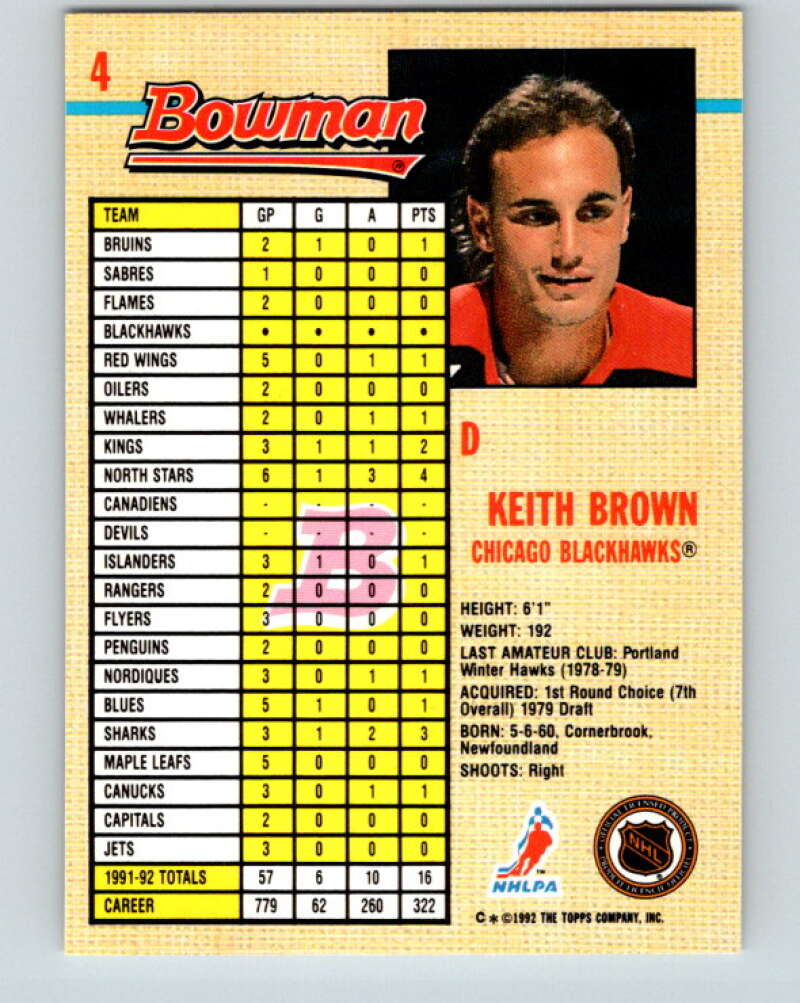 1992-93 Bowman #4 Keith Brown Mint Chicago Blackhawks Image 2