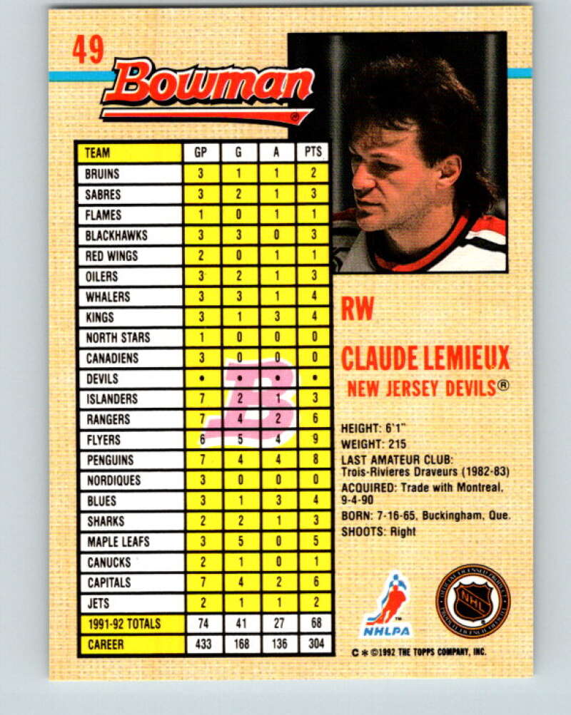 1992-93 Bowman #49 Claude Lemieux Mint New Jersey Devils Image 2