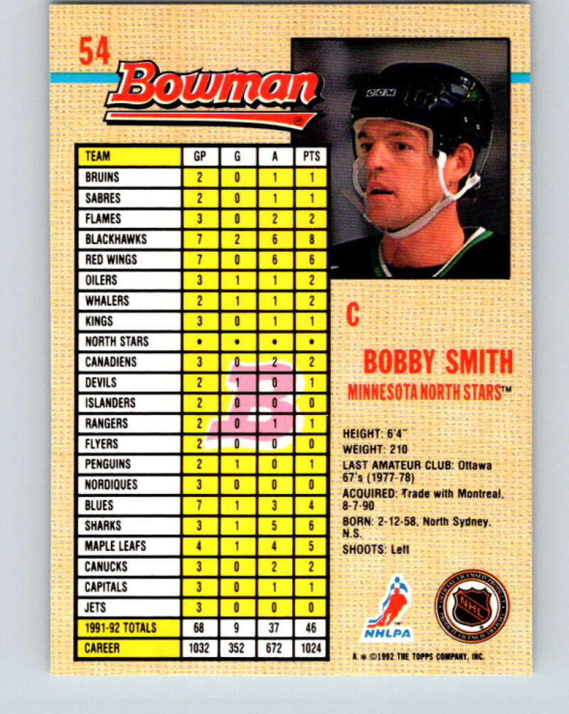 1992-93 Bowman #54 Bobby Smith Mint Minnesota North Stars Image 2