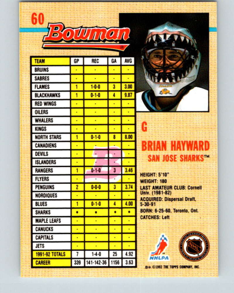 1992-93 Bowman #60 Brian Hayward Mint San Jose Sharks