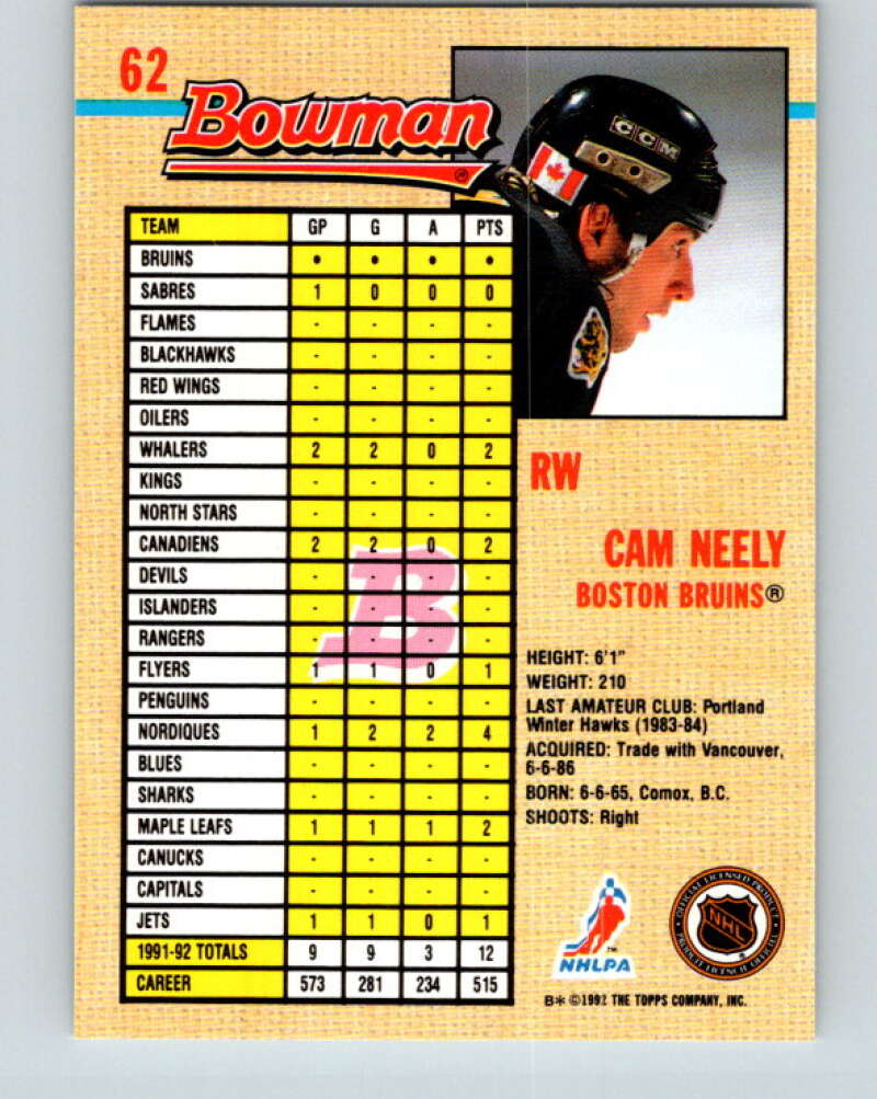 1992-93 Bowman #62 Cam Neely Mint Boston Bruins Image 2