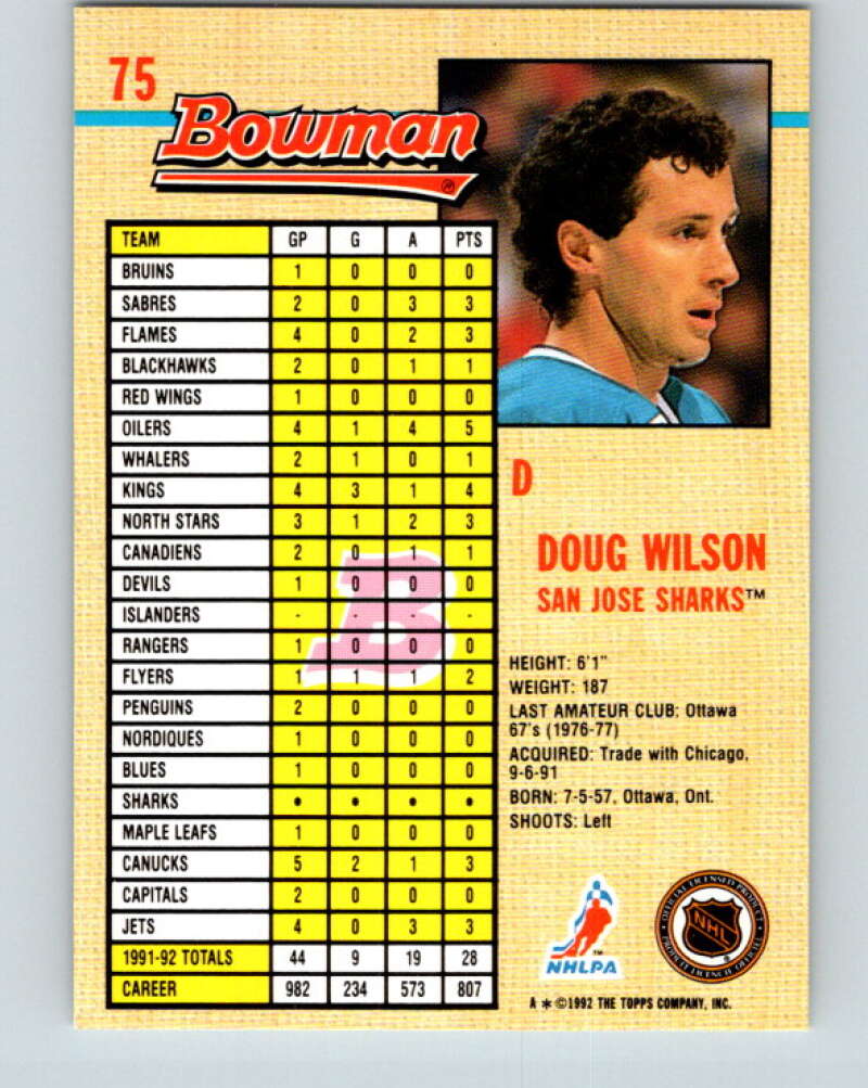 1992-93 Bowman #75 Doug Wilson Mint San Jose Sharks Image 2