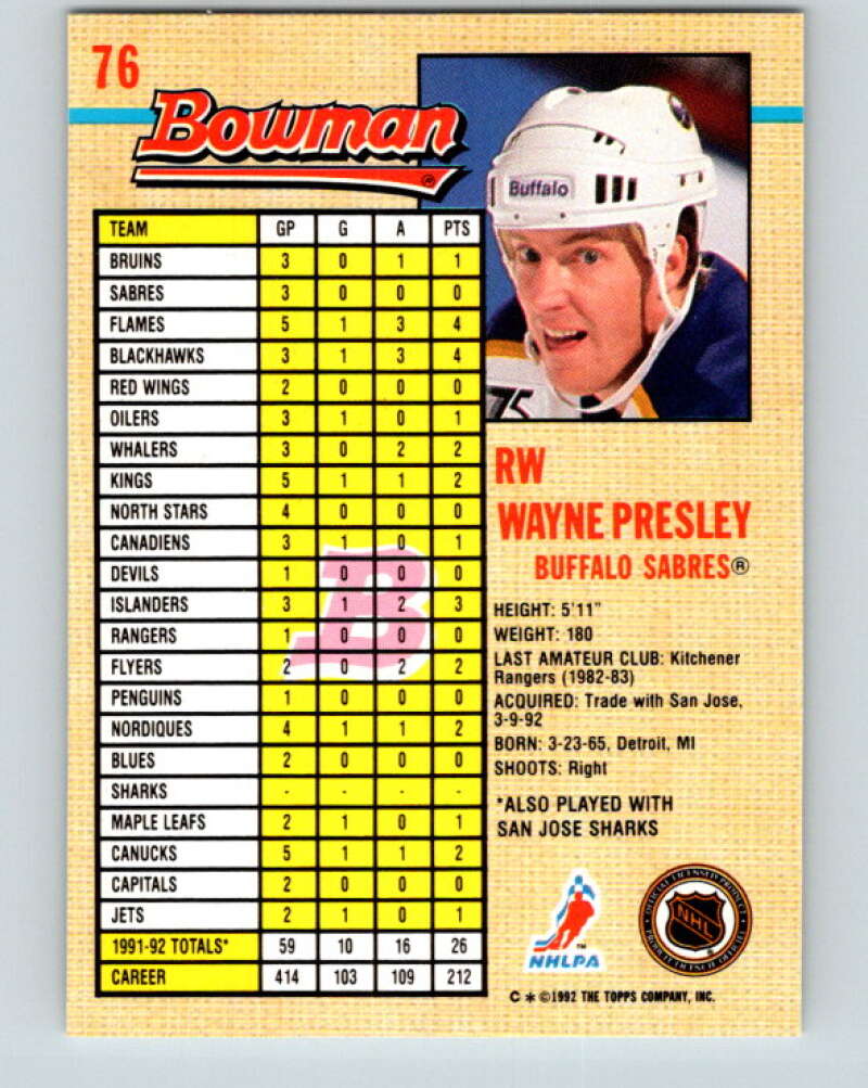 1992-93 Bowman #76 Wayne Presley Mint Buffalo Sabres Image 2