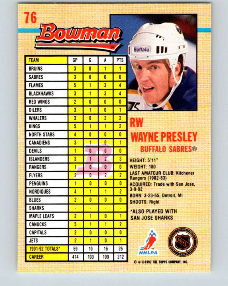 1992-93 Bowman #76 Wayne Presley Mint Buffalo Sabres  Image 2