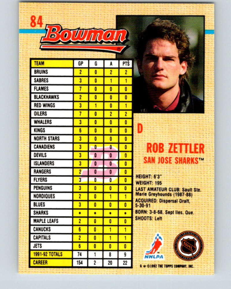 1992-93 Bowman #84 Rob Zettler Mint San Jose Sharks  Image 2