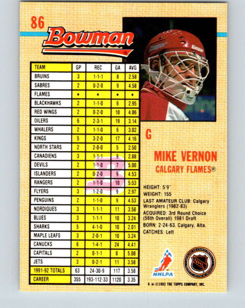 1992-93 Bowman #86 Mike Vernon Mint Calgary Flames Image 2