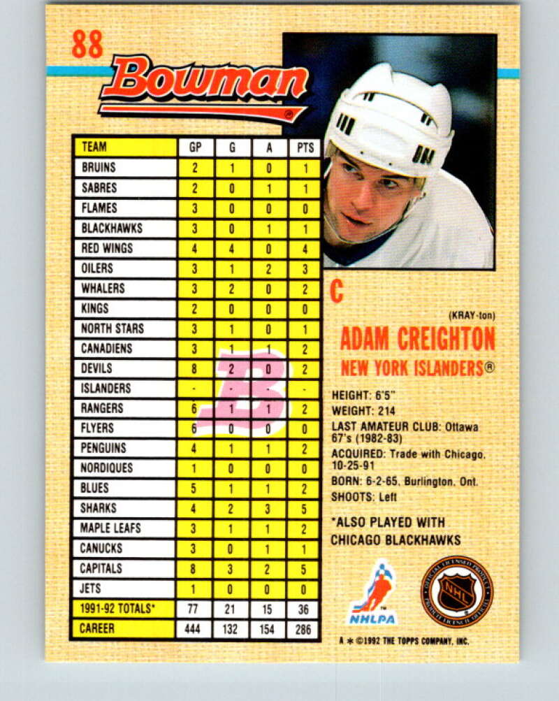 1992-93 Bowman #88 Adam Creighton Mint New York Islanders Image 2
