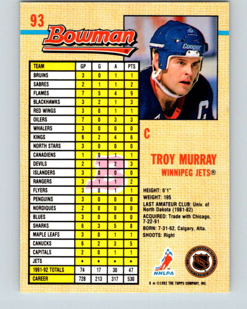 1992-93 Bowman #93 Troy Murray Mint Winnipeg Jets Image 2