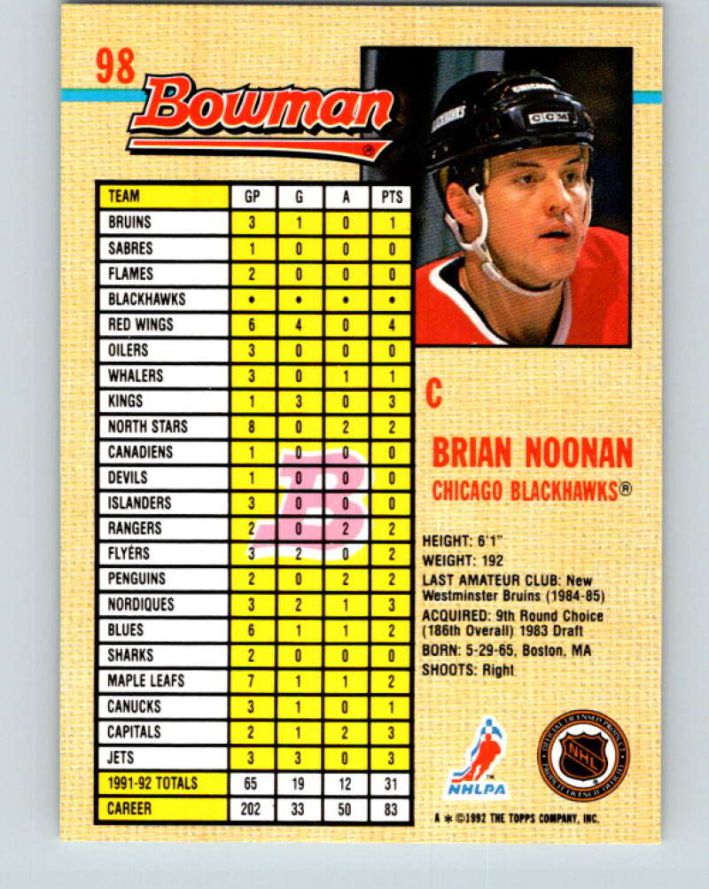 1992-93 Bowman #98 Brian Noonan Mint Chicago Blackhawks Image 2