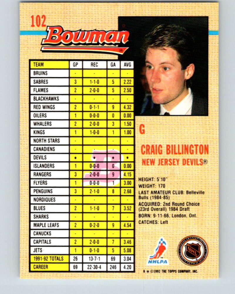 1992-93 Bowman #102 Craig Billington Mint New Jersey Devils  Image 2