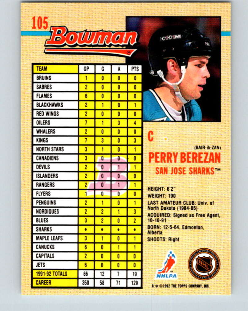 1992-93 Bowman #105 Perry Berezan Mint San Jose Sharks Image 2