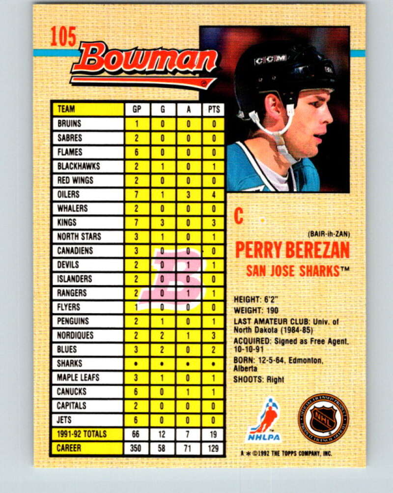 1992-93 Bowman #105 Perry Berezan Mint San Jose Sharks  Image 2