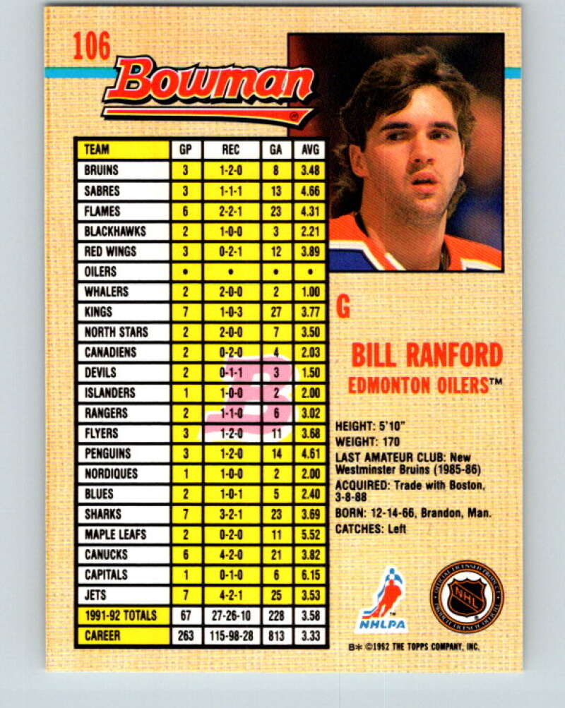 1992-93 Bowman #106 Bill Ranford Mint Edmonton Oilers