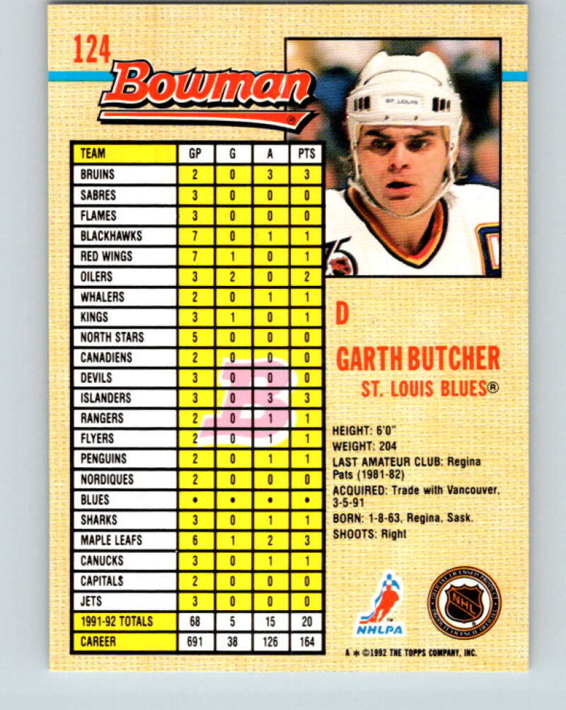 1992-93 Bowman #124 Garth Butcher Mint St. Louis Blues  Image 2