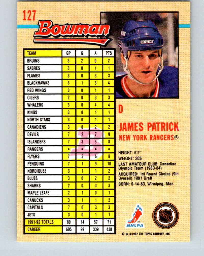 1992-93 Bowman #127 James Patrick Mint New York Rangers Image 2