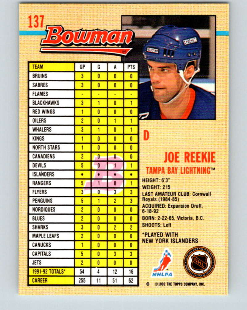 1992-93 Bowman #137 Joe Reekie Mint New York Rangers Image 2