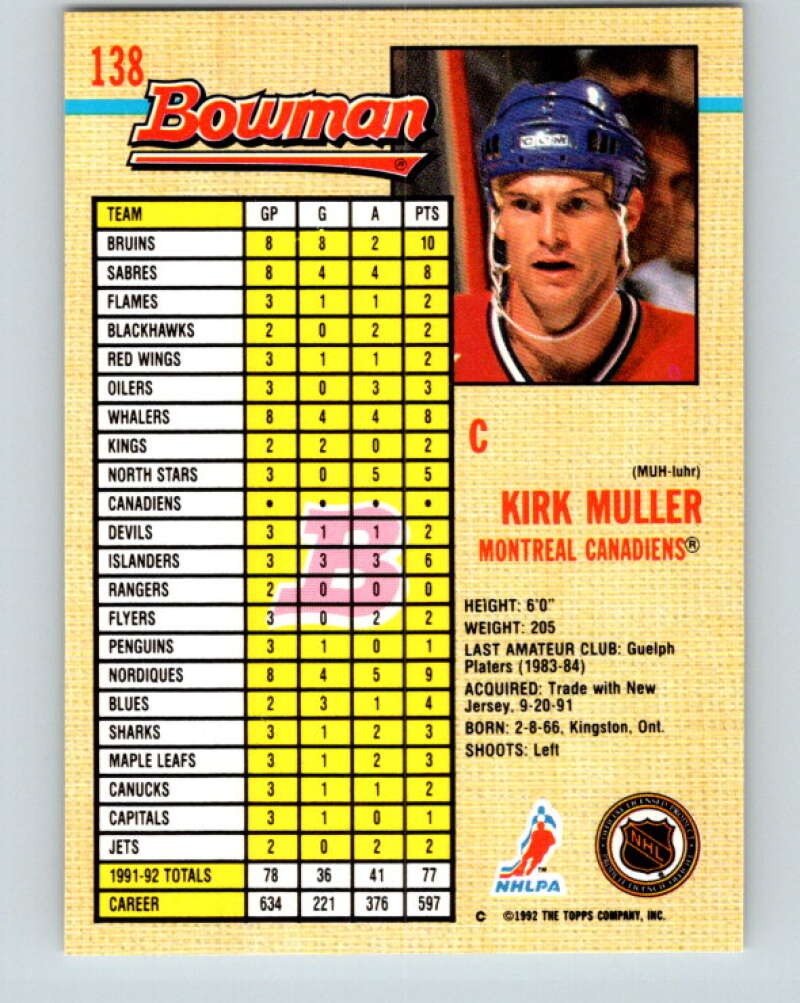 1992-93 Bowman #138 Kirk Muller Mint Montreal Canadiens Image 2