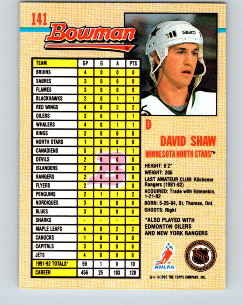 1992-93 Bowman #141 David Shaw Mint Minnesota North Stars Image 2