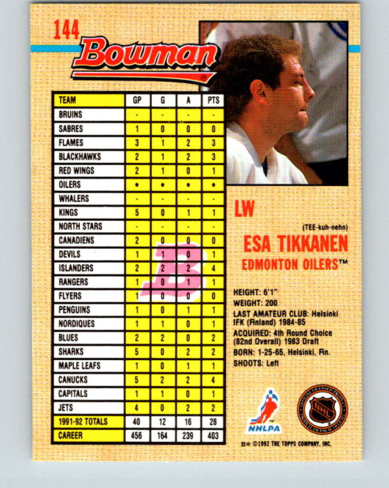 1992-93 Bowman #144 Esa Tikkanen Mint Edmonton Oilers Image 2