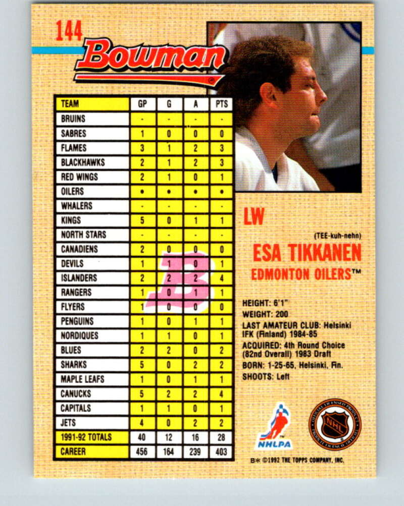 1992-93 Bowman #144 Esa Tikkanen Mint Edmonton Oilers  Image 2