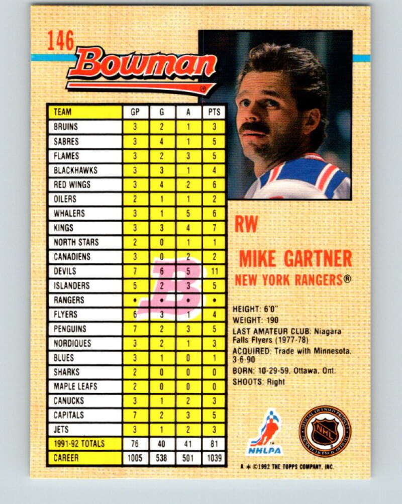 1992-93 Bowman #146 Mike Gartner Mint New York Rangers  Image 2