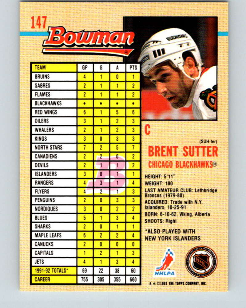1992-93 Bowman #147 Brent Sutter Mint Chicago Blackhawks Image 2