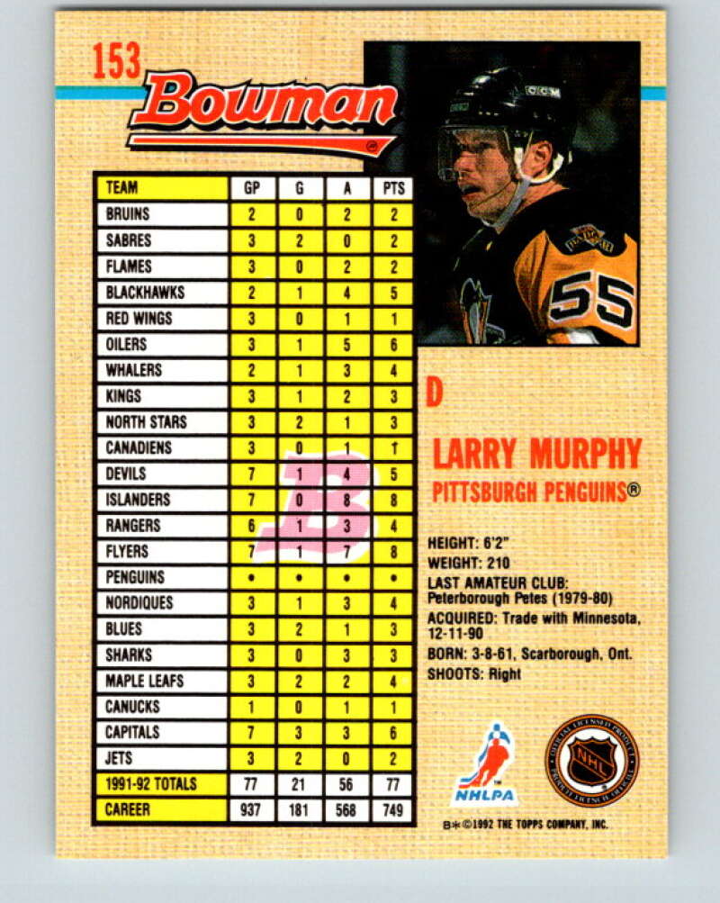 1992-93 Bowman #153 Larry Murphy Mint Pittsburgh Penguins Image 2