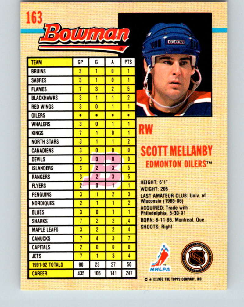 1992-93 Bowman #163 Scott Mellanby Mint Edmonton Oilers Image 2