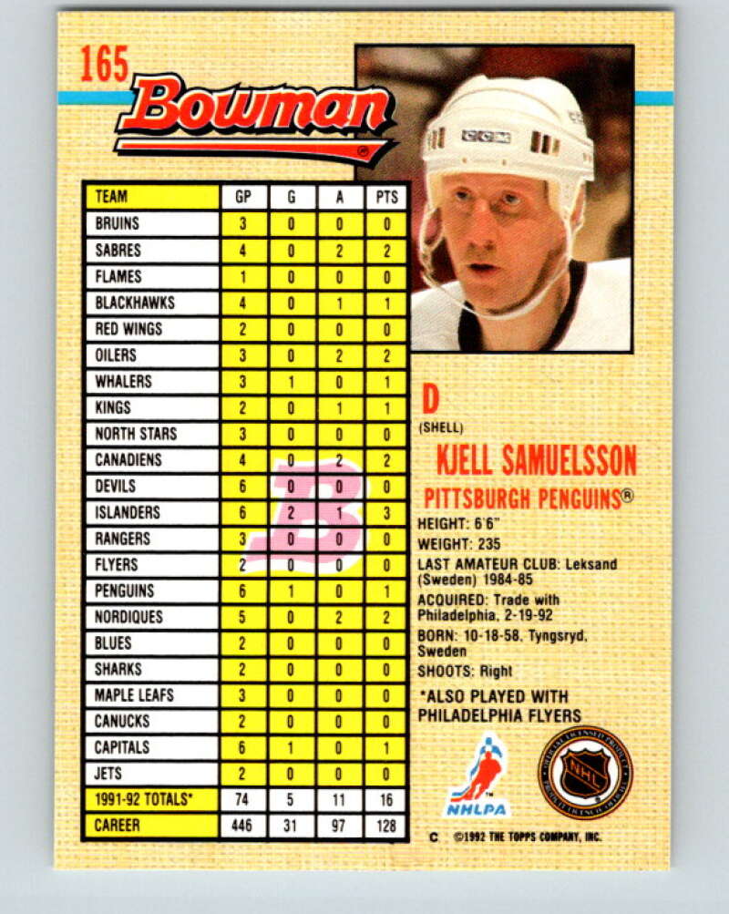 1992-93 Bowman #165 Kjell Samuelsson Mint Pittsburgh Penguins Image 2