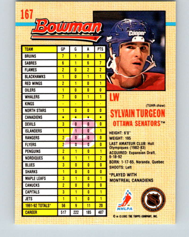 1992-93 Bowman #167 Sylvain Turgeon Mint Ottawa Senators Image 2
