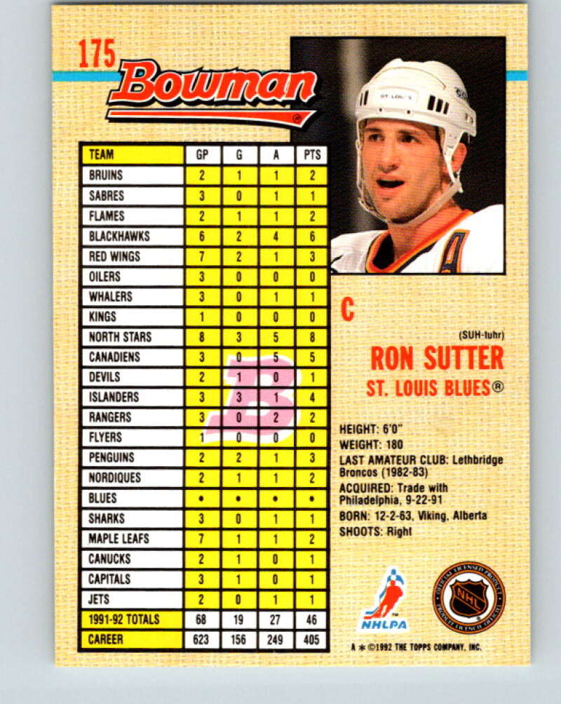 1992-93 Bowman #175 Ron Sutter Mint St. Louis Blues Image 2